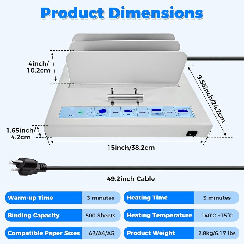 Loyala Thermal Binding Machine 500 Sheets Capacity Book Binding Material with 10 Letter Size Envelopes, A3/A4/A5 Document Heat Binder Hot Melt Machine Metal Thermal Binder Contract Document Invoice - Image 5